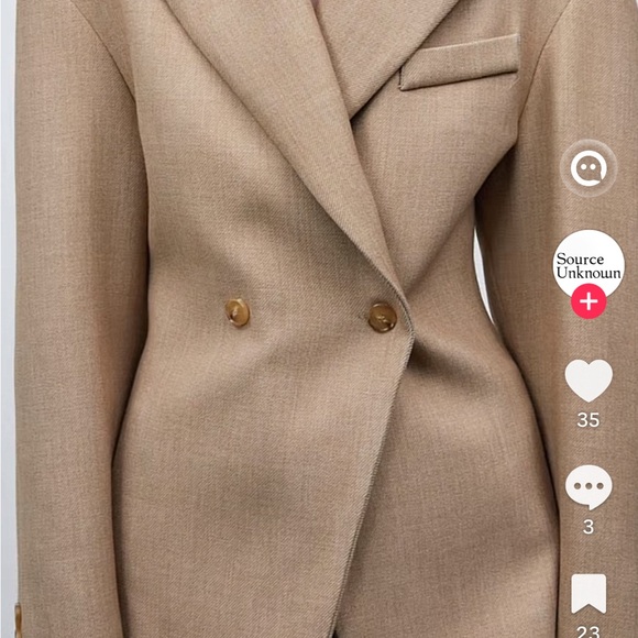 NWT SOURCE UNKNOWN Double-Breasted NANGY Cinched Blazer - Tan Beige - Picture 3 of 6